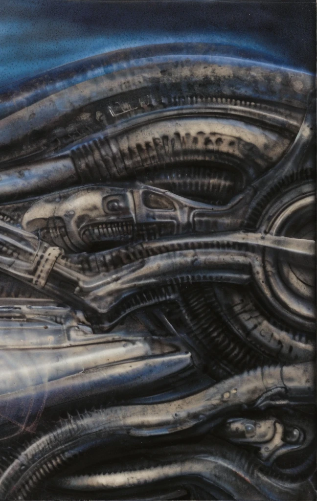 g1g3r, The image is a detailed view of H.R. Giger's biomechanical tableau \" LANDSCAPE No 312 \" plate, featuring
a complex, intricate, and detailed design of endless Machine in the transit spaceover the cascade of fallen water, that appears to be a fusion of organic and mechanical elements, with a focus on the interplay between the two.The piece is a tableau, most likely created with a India ink pen or pencil on paper, determined by the thin lines, shading techniques, and the texture of the paper, which is visible around the edges.
Used is pen, given the shading and variations in line weight visible in the image. Artist have used a variety of stylus with different degrees of hardness to achieve the shading effects.
 The use of undersaturated green-grays dark contrasts creates a stark and graphic look. Is used a variety of linework techniques to create different textures. Fine, parallel lines create a smooth, metallic texture,while thicker, more cursive lines suggest cables or wires.
Light source from the top highlights skeletals, pper part of foreground, lower part of image is in shadowupper part of foreground, lower part of image is in shadow.
The art performance showcases the artist’s skills in observation and rendering. The level of detail in the piece suggests a close study of real bone specimens and mechanics. The artist has skillfully used shading techniques to create a convincing illusion of three-dimensionality on a flat surface. The wrinkles and cracks in the surface, and the cast shadows with accuracy, used shading techniques to create a realistic depiction of light and shadow on the objects. This creates a sense of depth and dimension in the image. The artist has used careful linework to depict the contours and textures in the piece
Sharp focus on foreground elements illustration. Deep and delicate DOF. Big painting. Stored in Louvre masterpiece, ooze soaked pajama top
