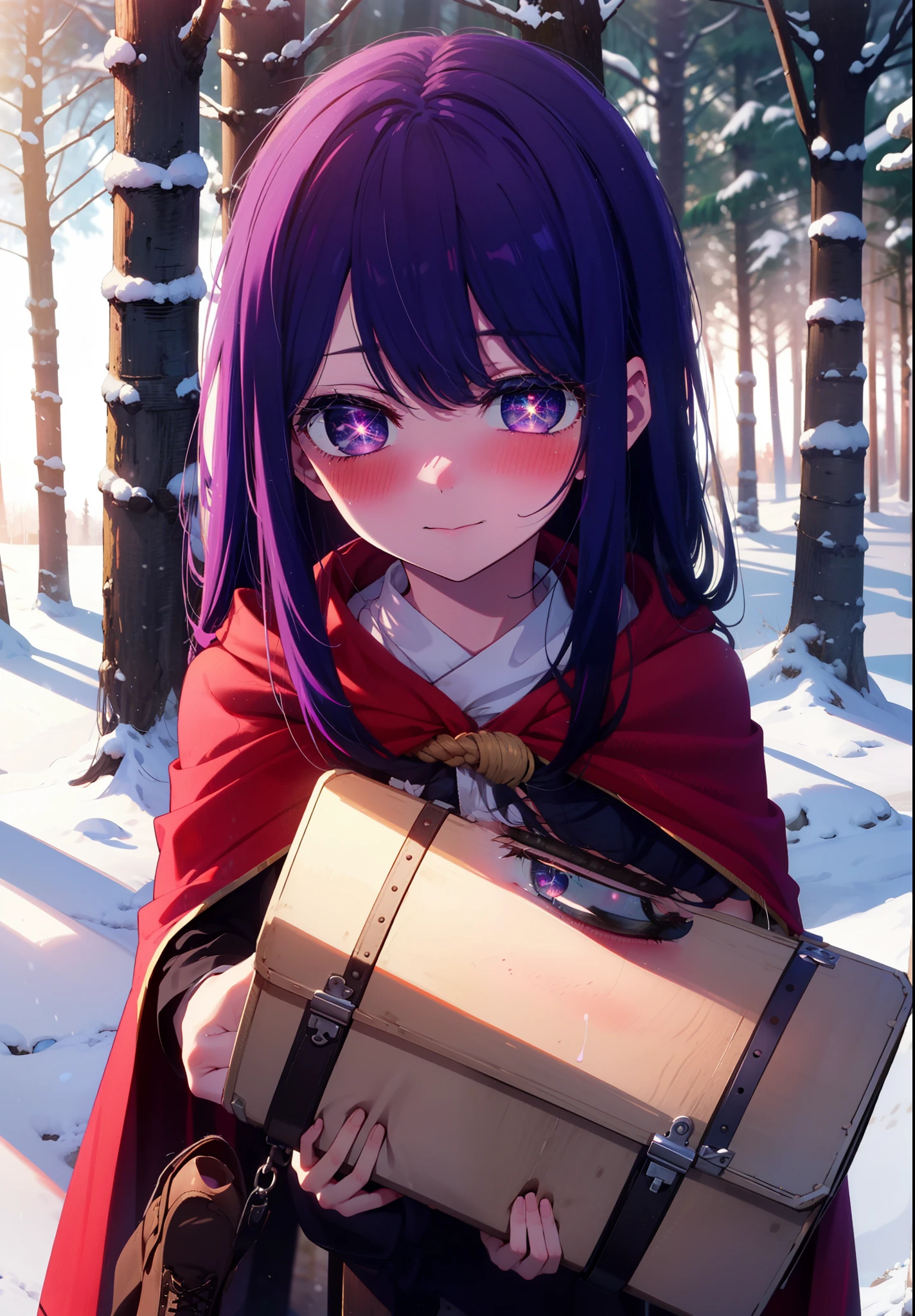 aihoshino, Ai Hoshino, Long Hair, bangs, (Purple eyes:1.1), Purple Hair, (Symbol-shaped pupil:1.5), smile,,smile,blush,white breath,
Open your mouth,snow,Ground bonfire, Outdoor, boots, snowing, From the side, wood, suitcase, Cape, Blurred, , forest, White handbag, nature, Squat, Mouth closed, Cape, winter, Written boundary depth, Black shoes, red Cape break looking at viewer, Upper Body, whole body, break Outdoor, forest, nature, break (masterpiece:1.2), Highest quality, High resolution, unity 8k wallpaper, (shape:0.8), (Beautiful and beautiful eyes:1.6), Highly detailed face, Perfect lighting, Extremely detailed CG, (Perfect hands, Perfect Anatomy),