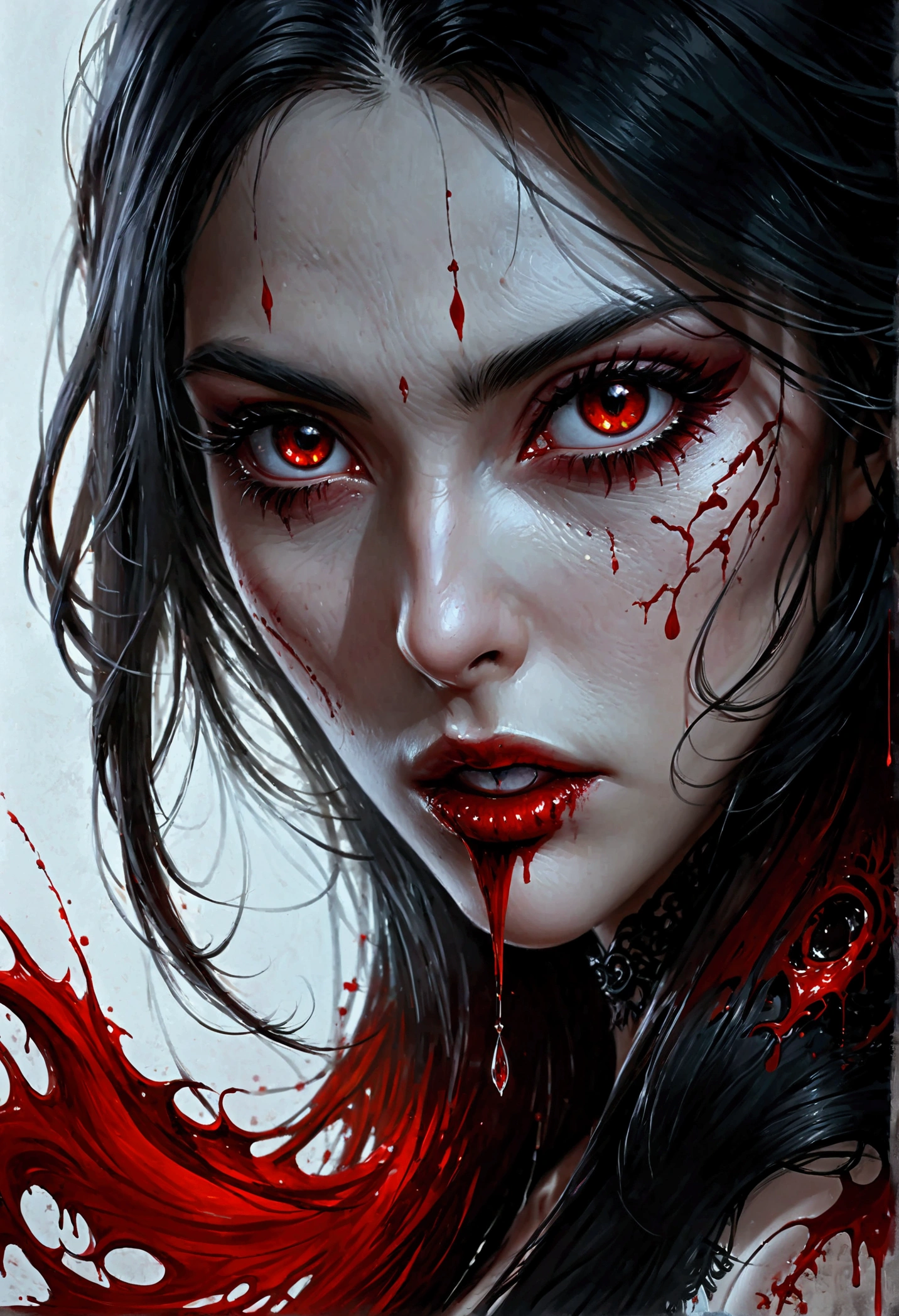 portrait of vampire with a bloody tear coming down from he eye, an exotic beautiful female vampire, dynamic hair color, dynamic hair style, ultra detailed face, best detailed face, dynamic eye color, ((1single red tear made of blood coming down from the)), Ultra-high resolution, High Contrast, (masterpiece:1.5), highest quality, Best aesthetics), 16K fantasy art, best details, best quality, highres, (ultra wide angle: 1.2), 16k, [ultra detailed], masterpiece, best quality, (extremely detailed), ladyshadow,