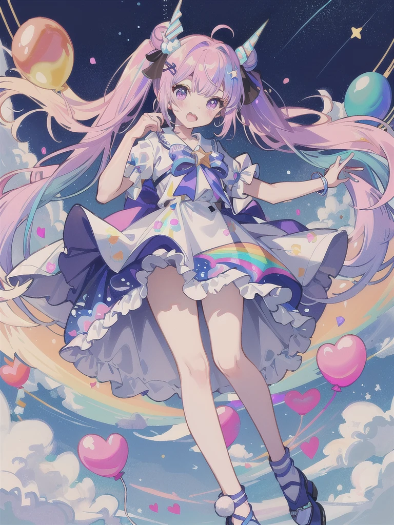 (whole body, legs and shoes visible: 1.2)) Expressive eyes, One girl, Pale skin, Long Hair, Windblown Hair, ((absurdly Long Hair)), Long Side Lock, Princess bangs, Hair bangs, Hair Bun, ((Very long twin tails)), Rainbow Hair, Light pink hair, blush, full face blush, big sparkling Pastel Purple eyes, (Gradient Eye), Laughing with your mouth open, cute pose, ((Holding a balloon : 1.3)) ((cute and pastel fashion)) ((🦄🎠🎈🎉 theme : 1.4)) A loose pastel dress, ((Dreamy multi-colored open dress)), (Floating ribbon), Lavender Frill, Pink frills, (Light blue lace), Removable short sleeves, Fluffy skirt, ((Rainbow and star printed skirt : 1.3)), ta Skirt, Purple ribbon, ((pom pom ribbon hair ornament : 1.4)), Multiple Bows, Striped lace stockings, (heart型のレッグガーター), cute (Pastel Purple) shoes ((Ultra-detailed clothing and fashion)) I'm watching you, Vintage Girl, blush, (Beautiful attention to detail), (Highly detailed CG Unity 8k wallpaper) (Best Shadow), ((Very delicate and beautiful)), (Detailed light), ((Depth of written boundary)) Big Head, Big, bright eyes, Moe, Splash Art, Cinema Lighting, Front view, volumetric lighting maximalist photo illustration k resolution high resolution intricate detailed complex key visuals precise linear ((Dreamy pastel sky background, Surrounded by sunset clouds, shooting star, Castle above the clouds)) ((Ultra-detailed landscapes, Foggy clouds, Hung by balloons, heart : 1.3))