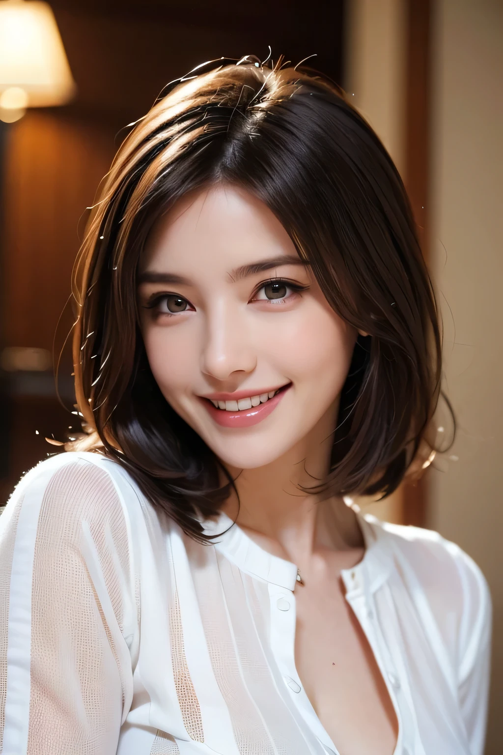 ((masterpiece)), ((Highest quality)), ((Complex)), ((Surreal)), (Realistic), (Mature Woman), ((No classes)), Very detailed, (1 female), Beautiful and exquisite, (Beautiful Teeth), Grin, Brunette Bob Hair, Brown eyes, ((blouse)), (Upper Body), (background:none), Perfect Eyes, Captivating eyes, Looking at the audience
