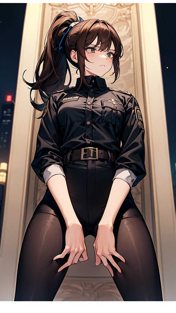 {{masterpiece}}, {{{best quality}}},{{ultra-detailed}}, {{illustration}},{{tall stature}},{{adult women}},((Black tights and shorts)),Small breasts,Slender,{{Hands on hips}},((Leggings with integrated shorts)), Female police officer Cowboy Shot A strong expression Brown hair ponytail Place your hands on your knees 1 female,alone, Downtown at night long sleeve police uniform Black pantyhose View from below Black Belt