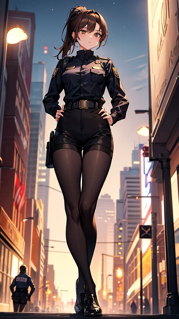 {{masterpiece}}, {{{best quality}}},{{ultra-detailed}}, {{illustration}},{{tall stature}},{{adult women}},((Black tights and shorts)),Small breasts,Slender,{{Hands on hips}},((Leggings with integrated shorts)), Female police officer Cowboy Shot A strong expression Brown hair ponytail Place your hands on your knees 1 female,alone, Downtown at night long sleeve police uniform Black pantyhose View from below Black Belt