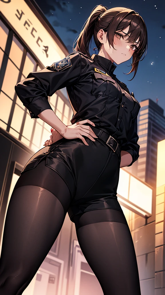 {{masterpiece}}, {{{best quality}}},{{ultra-detailed}}, {{illustration}},{{tall stature}},{{adult women}},((Black tights and shorts)),Small breasts,Slender,{{Hands on hips}},((Leggings with integrated shorts)), Female police officer Brown hair ponytail Place your hands on your knees 1 female,alone, Downtown at night long sleeve police uniform Black pantyhose View from below Black Belt