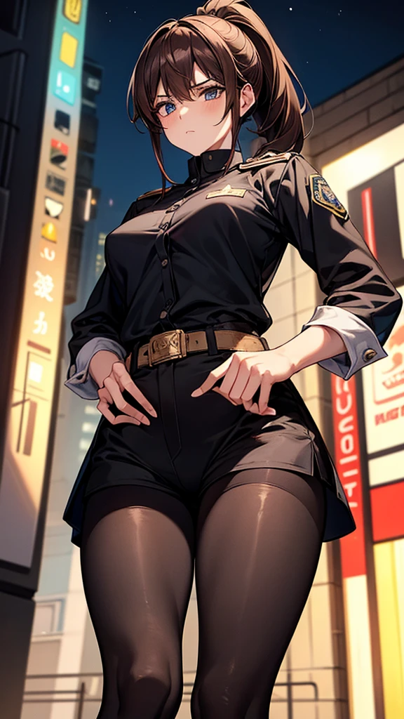 {{masterpiece}}, {{{best quality}}},{{ultra-detailed}}, {{illustration}},{{tall stature}},{{adult women}},((Black tights and shorts)),Small breasts,Slender,{{Hands on hips}},((Leggings with integrated shorts)), Female police officer　Cowboy Shot　A strong expression　Brown hair ponytail　Place your hands on your knees　1 female,alone,　Downtown at night　long sleeve police uniform　Black pantyhose　View from below　Black Belt