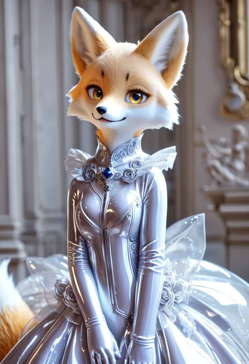 {realistic}, {{photography}}, (((masterpiece))), (((best quality))), ((ultra-detailed)), (illustration), ((an extremely delicate and beautiful)), beautiful detailed eyes,(detailed light),(beautiful detailed shadow), {{{kemono}}}, furry, fox, {{rubber suit}}