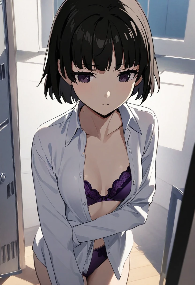 masterpiece, Highest quality, Expressionless, 1 girl, 、Locker Room、Change of clothes、Open shirt、Purple panties((Black Hair))　　((Purple Bra))　Small breasts　Short Hair　Look away　From above