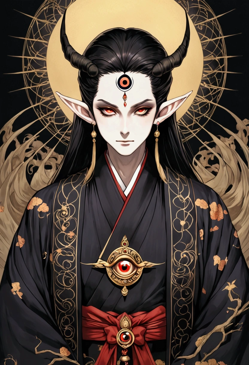 Dark illustration,(((1 Prince,独奏,third eye on the forehead,Dark eyeshadow.Elf ears))),(((Japanese robe kimono:1.6))).whole body