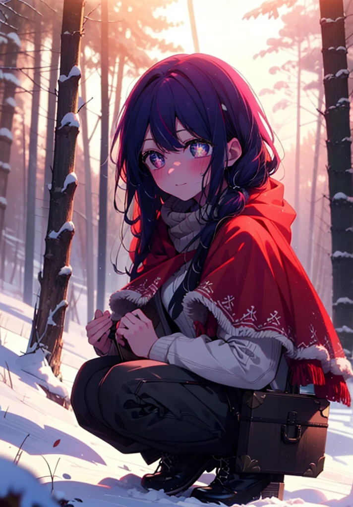 aihoshino, Ai Hoshino, Long Hair, bangs, (Purple eyes:1.1), Purple Hair, (Symbol-shaped pupil:1.5), smile,,smile,blush,white breath,
Open your mouth,snow,Ground bonfire, Outdoor, boots, snowing, From the side, wood, suitcase, Cape, Blurred, , forest, White handbag, nature,  Squat, Mouth closed, Cape, winter, Written boundary depth, Black shoes, red Cape break looking at viewer, Upper Body, whole body, break Outdoor, forest, nature, break (masterpiece:1.2), Highest quality, High resolution, unity 8k wallpaper, (shape:0.8), (Beautiful and beautiful eyes:1.6), Highly detailed face, Perfect lighting, Extremely detailed CG, (Perfect hands, Perfect Anatomy),