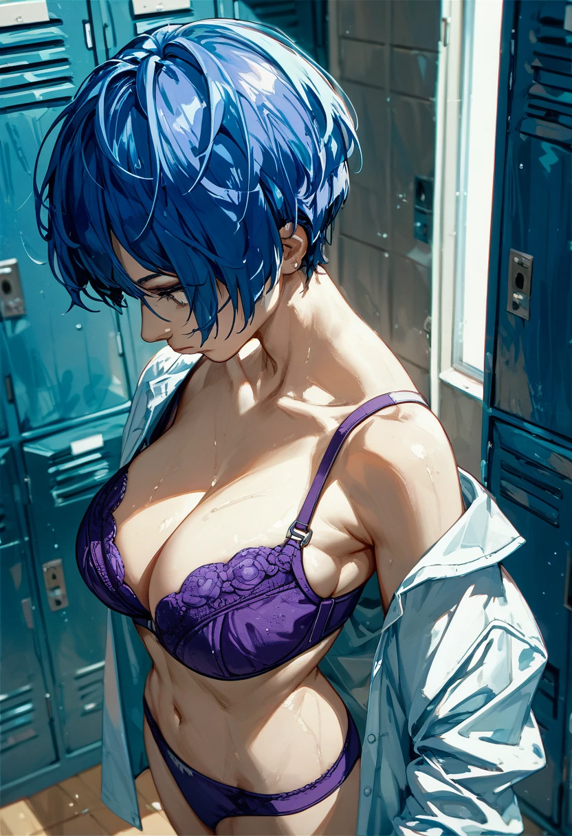 masterpiece, Highest quality, Expressionless, 1 girl, 、Locker Room、Change of clothes、Open shirt、Purple panties(((Blue Hair)))　　((Purple Bra))　Big Breasts　Short Hair　Look away　From above
