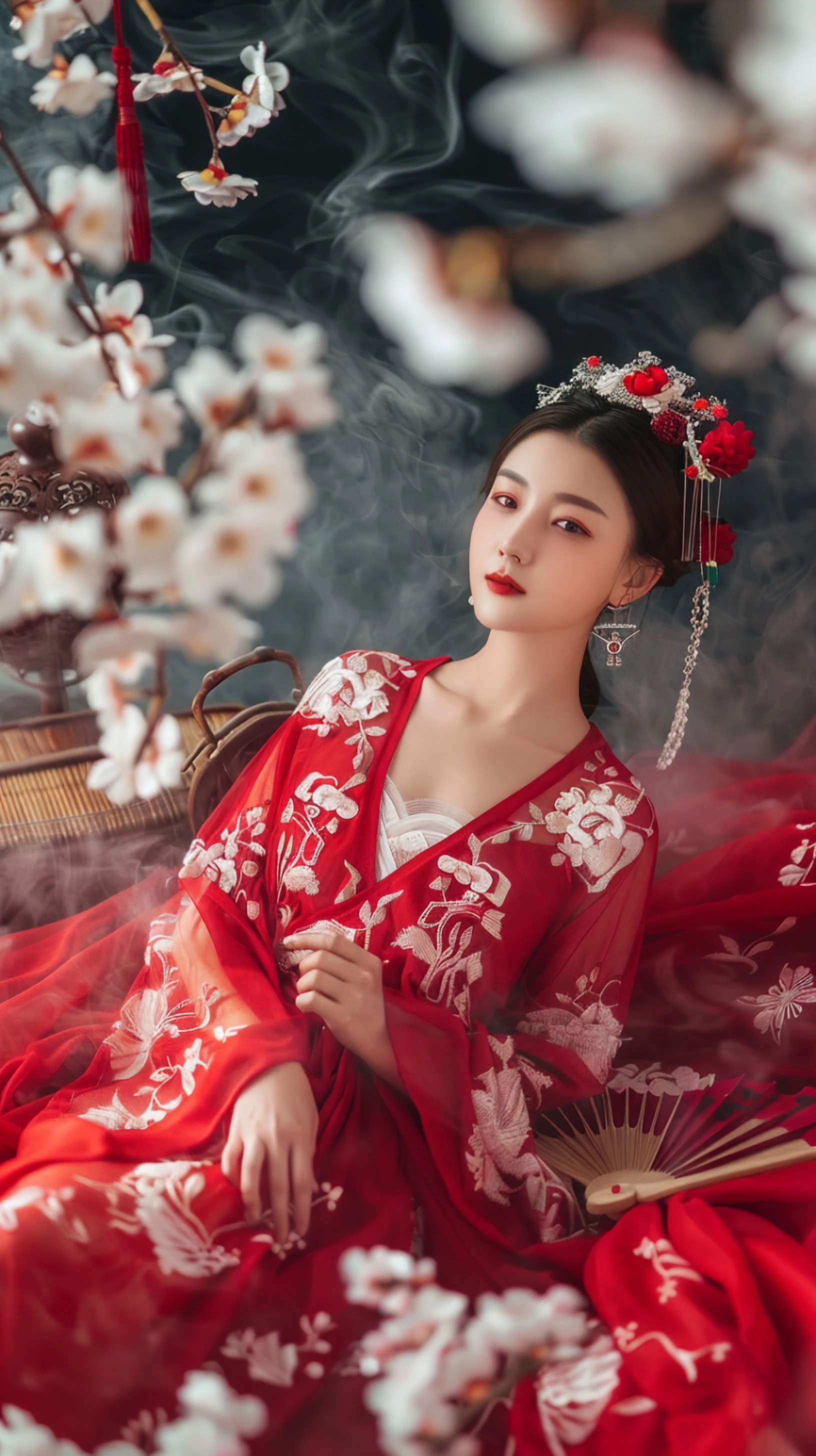 古风美人，红衣飘飘，梅花环绕