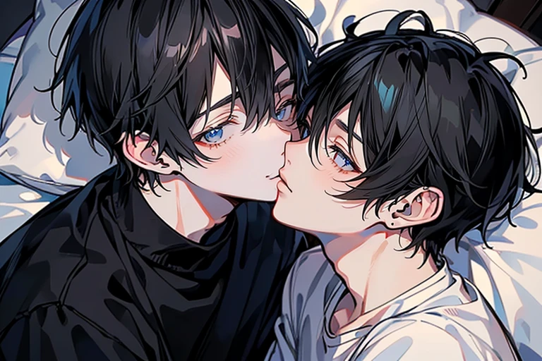 (Mastepiece), (Best Quality), Very detailed, ((Two men kissing on the cheek)), Perfect Face, (Happy Face:1.3)、Beautiful Face, Very detailed顔,(One black-haired man:1.3),(One white-haired man:1.3),T-Shirts、smile、bed