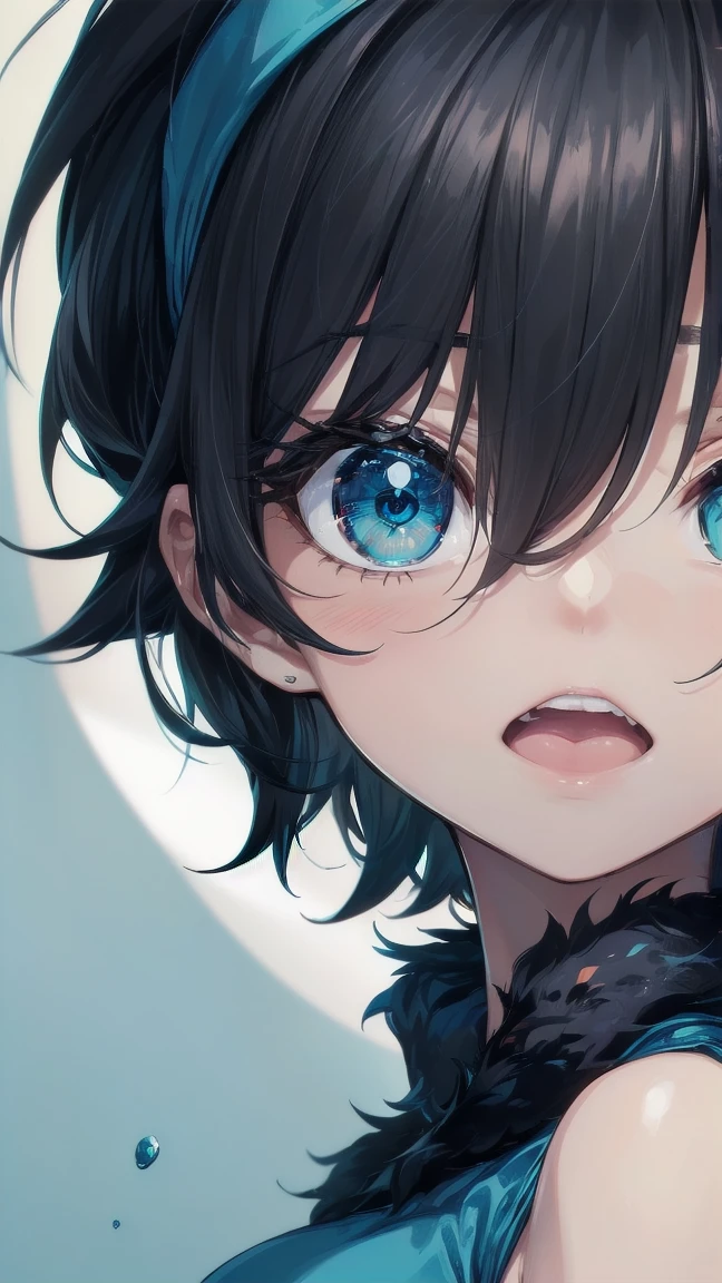 Close-up of a cartoon girl with blue hair and a yellow shirt, 2D Animation, 2D Animation style, 2D Art, 2D Art, 2D from Gorillaz, 2D from Gorillaz, 2D Gorillaz, Screaming Cerket, 2D Sprites, Jinx Face, short hair, Small breasts, hot pants, ((Black Hair, Bright blue fur inside:1.4))