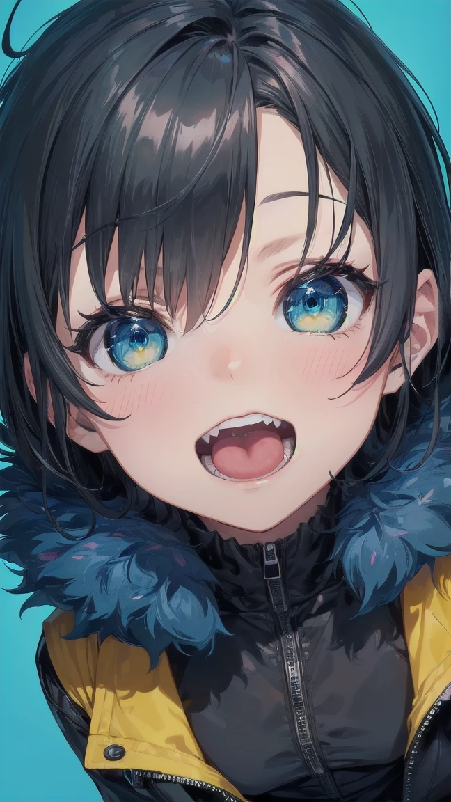 Close-up of a cartoon girl with blue hair and a yellow shirt, 2D Animation, 2D Animation style, 2D Art, 2D Art, 2D from Gorillaz, 2D from Gorillaz, 2D Gorillaz, Screaming Cerket, 2D Sprites, Jinx Face, short hair, Small breasts, hot pants, ((Black Hair, Bright blue fur inside:1.4))