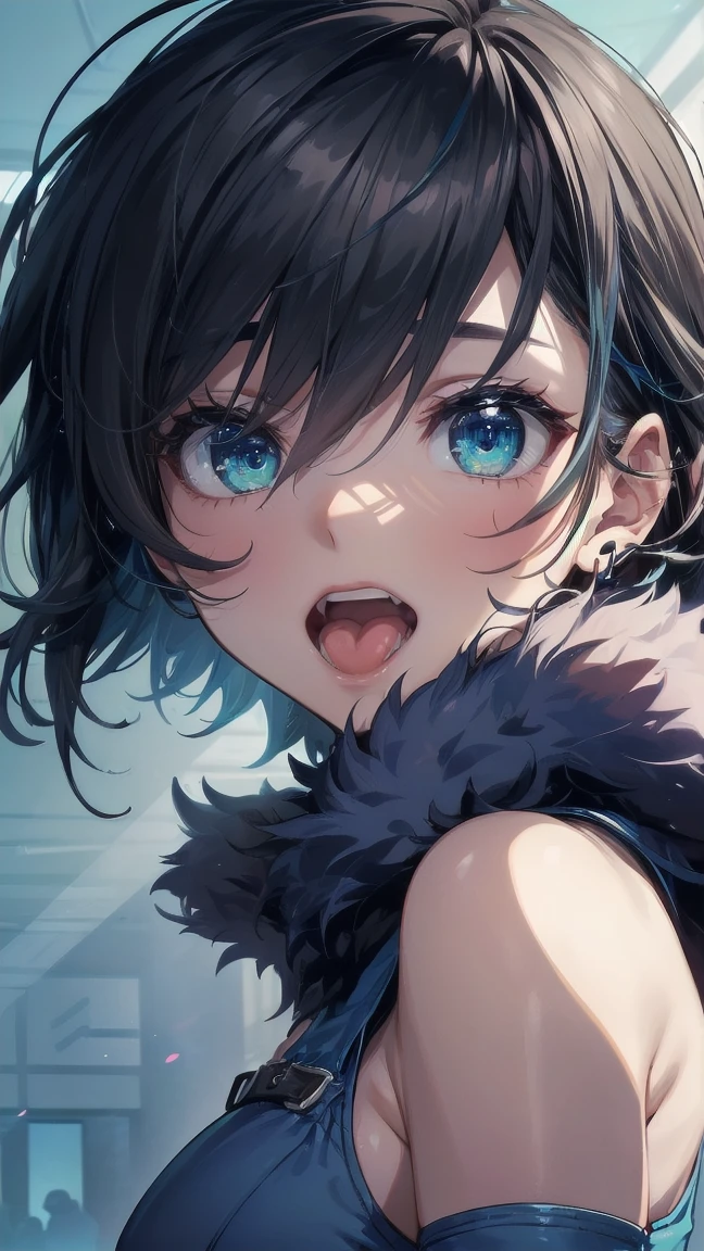 Close-up of a cartoon girl with blue hair and a yellow shirt, 2D Animation, 2D Animation style, 2D Art, 2D Art, 2D from Gorillaz, 2D from Gorillaz, 2D Gorillaz, Screaming Cerket, 2D Sprites, Jinx Face, short hair, Small breasts, hot pants, ((Black Hair, Bright blue fur inside:1.4))