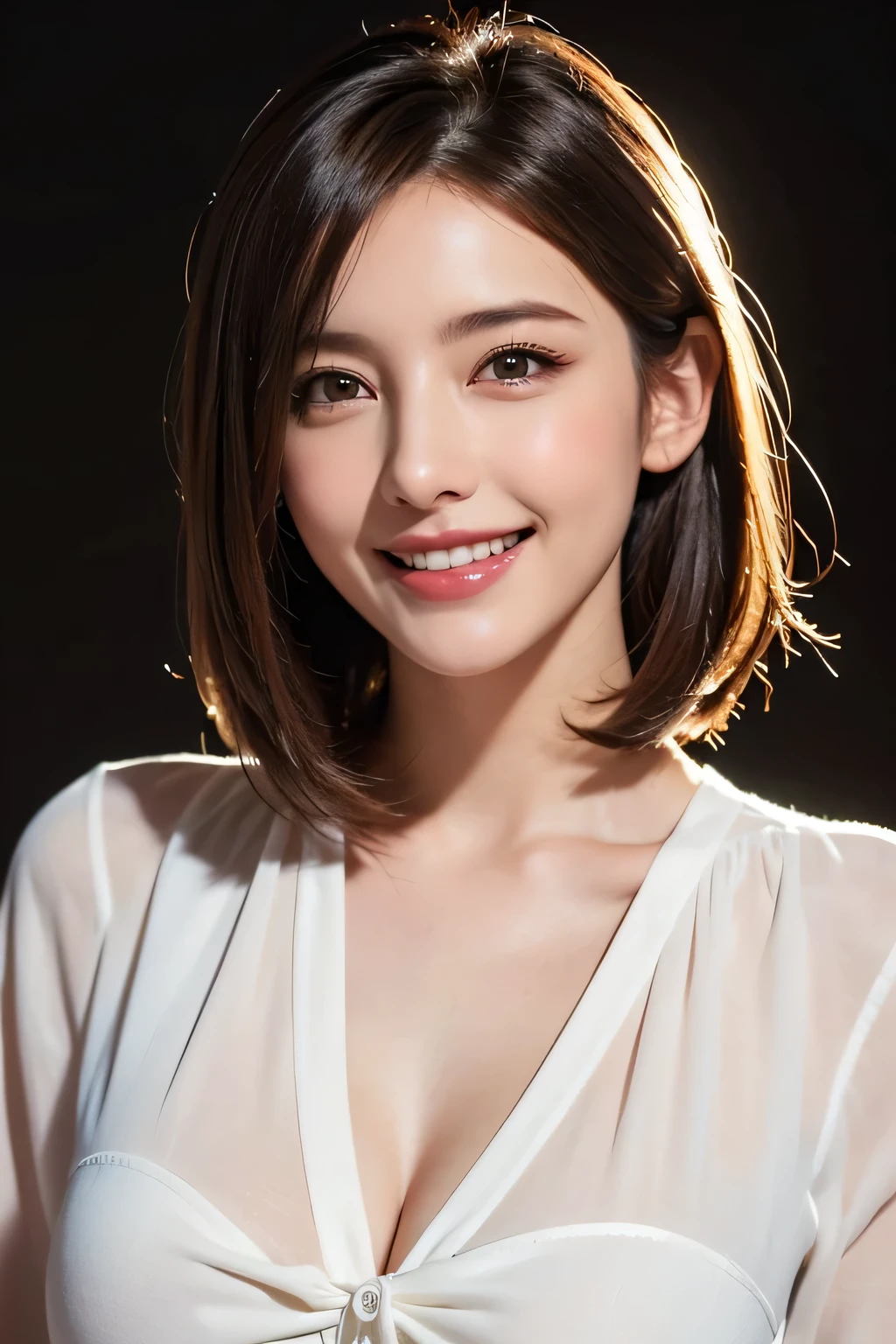 ((masterpiece)), ((Highest quality)), ((Complex)), ((Surreal)), (Realistic), (Mature Woman), ((No classes)), Very detailed, (1 female), Beautiful and exquisite, (Beautiful Teeth), Grin, Brunette Bob Hair, Brown eyes, ((blouse)), (Upper Body), (background:none), Perfect Eyes, Captivating eyes, Looking at the audience