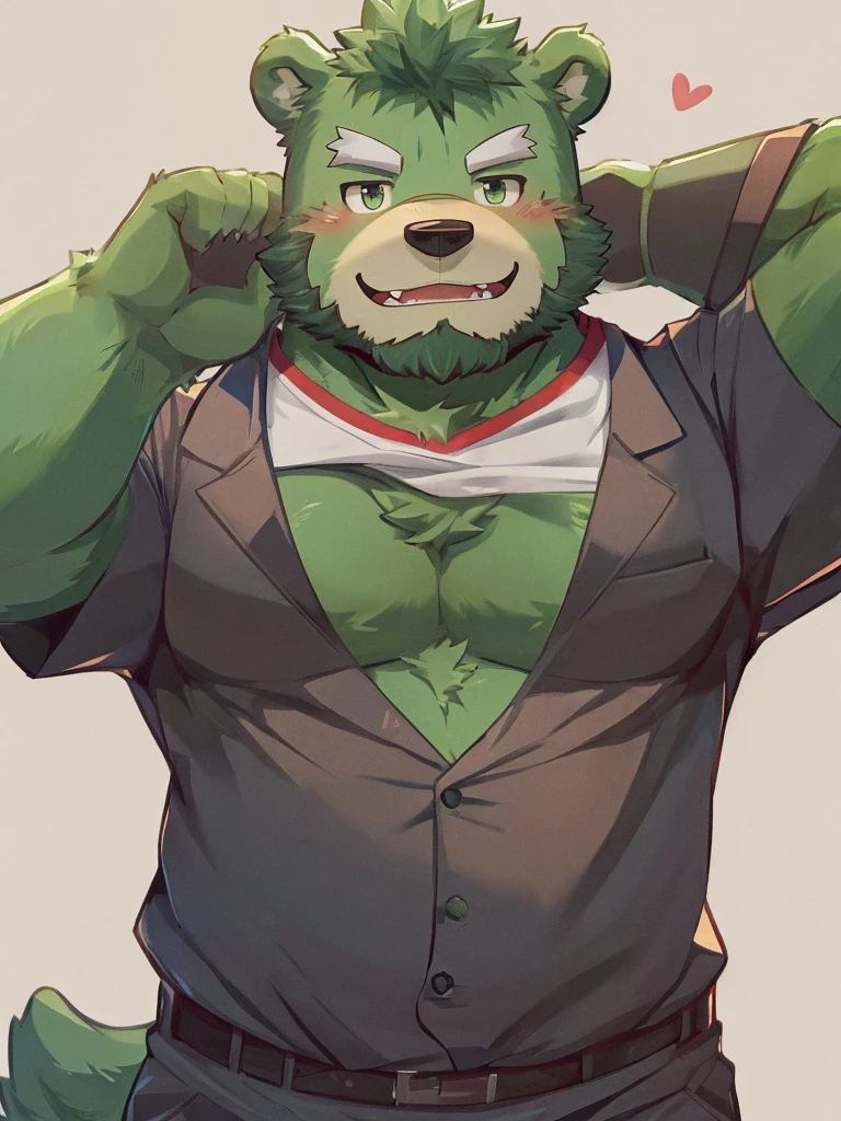 anthro, kemono, male, solo,  (((green bear))), (((green fur))), green hair, beard, white eyebrows, bite the shirt, reveal chest, sexy, blush, wink, simple background, victory hand,