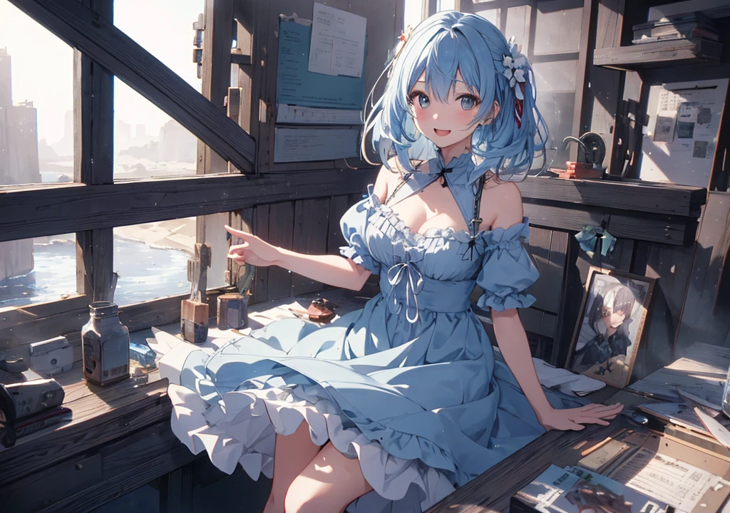 Realistic photos, Focus distance 10mm, Red and white, A big smile, Beautiful girl, Realistic photos, Focus distance 10mmで撮影, masterpiece, 最high quality, high quality, Very detailed CG 8k wallpaper unit, Award-winning photography, Depth of written boundary, High resolution, bloom, chromatic aberration, Realistic, Very detailed, Art Station Trends, CGsociety Trends, Complex, High detail, dramatic, Art on the go, volumetric lighting, game「Tales」Series Image, Hair is light blue、A refreshing light blue dress。A lively girl who likes playing by the river