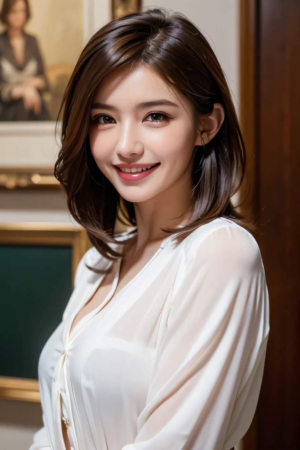 ((masterpiece)), ((Highest quality)), ((Complex)), ((Surreal)), (Realistic), (Mature Woman), ((No classes)), Very detailed, (1 female), Beautiful and exquisite, (Beautiful Teeth), Grin, Brunette Bob Hair, Brown eyes, ((blouse)), (Upper Body), (background:none), Perfect Eyes, Captivating eyes, Looking at the audience