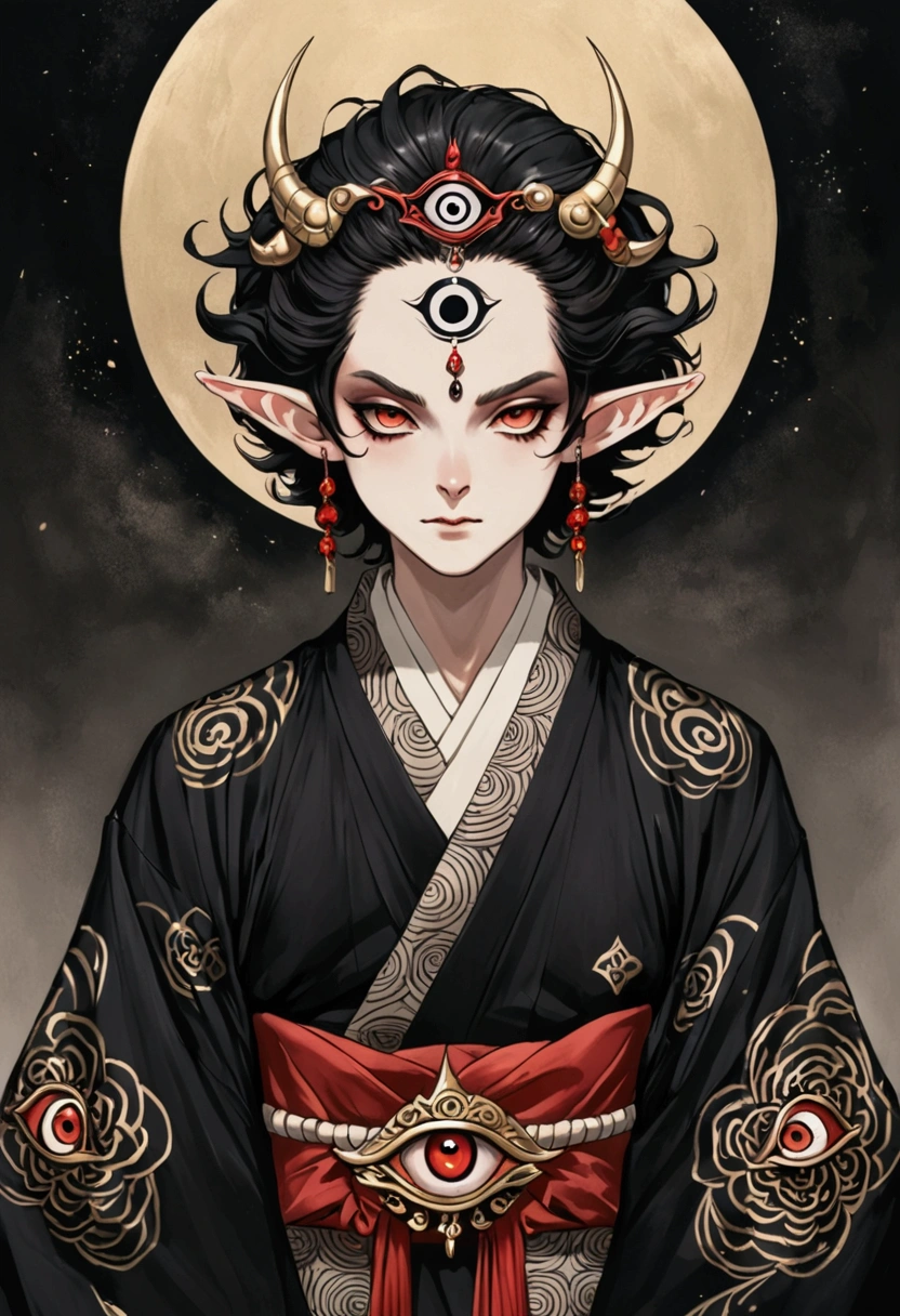 Dark illustration，(((1 Prince，独奏，third eye on the forehead，Dark eyeshadow.Elf ears))),(((Japanese robe kimono：1.6))).whole body