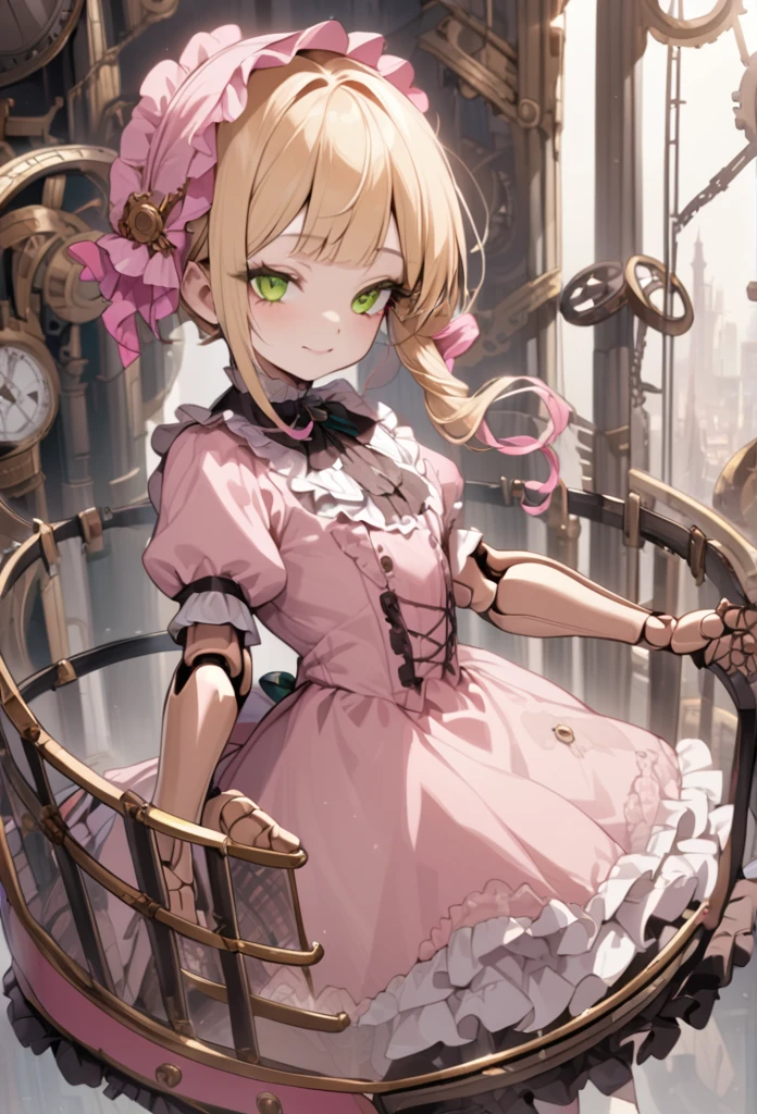Blonde hair,ringlet,emerald green eyes,long eyelashes,light pink victorian dress,puffy short sleeves,frilled dress,frilly wide brimmed Bonnet with bows,fringe bangs,cowboy shot,masterpiece,highress,soft smile,bishoujo,peterpan collar,sideview,solo,(pink clothes),ball joins,doll joints,clockwork, cage skirt,crinoline,torn dress,tattered dress,