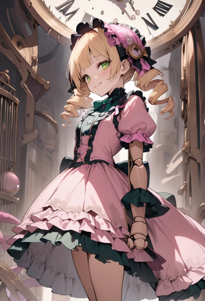 Blonde hair,ringlet,emerald green eyes,long eyelashes,light pink victorian dress,puffy short sleeves,frilled dress,frilly wide brimmed Bonnet with bows,fringe bangs,cowboy shot,masterpiece,highress,soft smile,bishoujo,peterpan collar,sideview,solo,(pink clothes),ball joins,doll joints,clockwork, cage skirt,crinoline,torn dress,tattered dress,