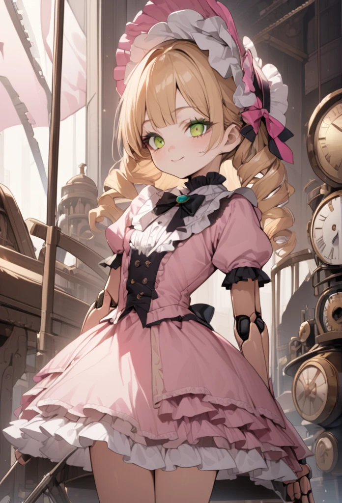Blonde hair,ringlet,emerald green eyes,long eyelashes,light pink victorian dress,puffy short sleeves,frilled dress,frilly wide brimmed Bonnet with bows,fringe bangs,cowboy shot,masterpiece,highress,soft smile,bishoujo,peterpan collar,sideview,solo,(pink clothes),ball joins,doll joints,clockwork, cage skirt,crinoline,torn dress,tattered dress,
