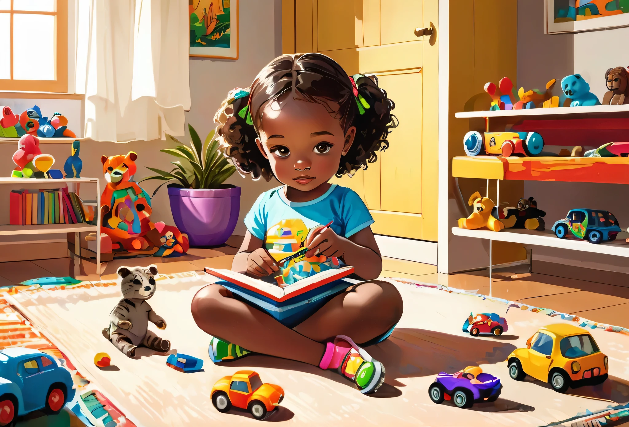  4 years old girl sitting on the floor, playing with her toys in a nice modern sitting room,
African (masterpiece best quality:1.2) delicate illustration ultra-detailed, illustrations, bright, colourful, 