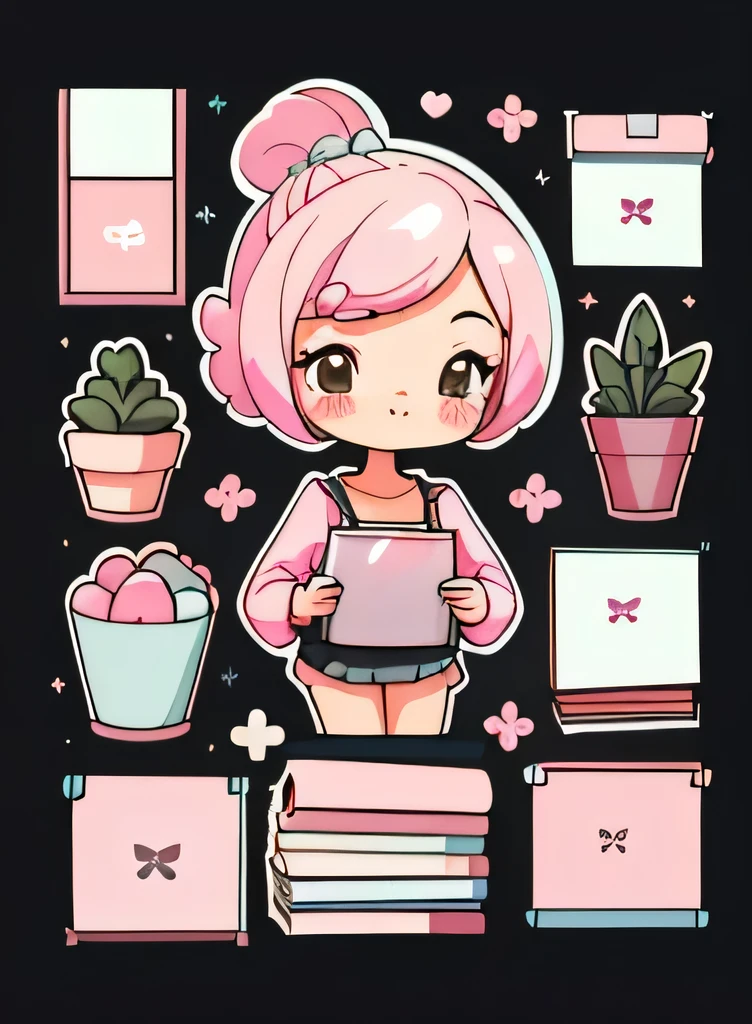 1 sticker, handbook, (a stylish girl, model, pink top, cool and cool), pink and black background, simple background, minimal, books, laptop, school elements, cute, tiny, pastel color, vector style, no gradient,smiling