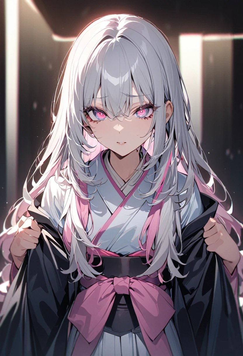 One girl, masterpiece, best quality, beautiful, big eyes, jewel eyes, pink diamond eyes, white hair, pink extensions, moe sleeves, haori, kimono, black background