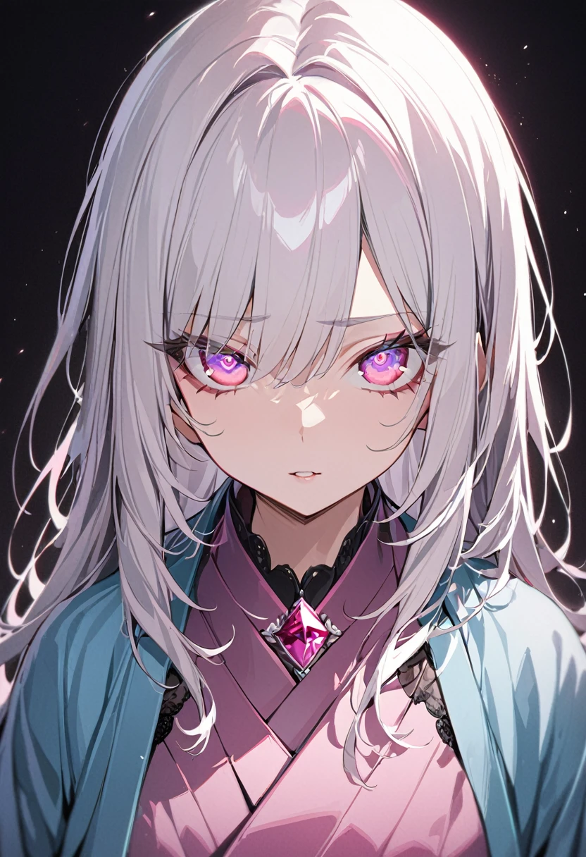 One girl, masterpiece, best quality, beautiful, big eyes, jewel eyes, pink diamond eyes, white hair, pink extensions, moe sleeves, haori, kimono, black background