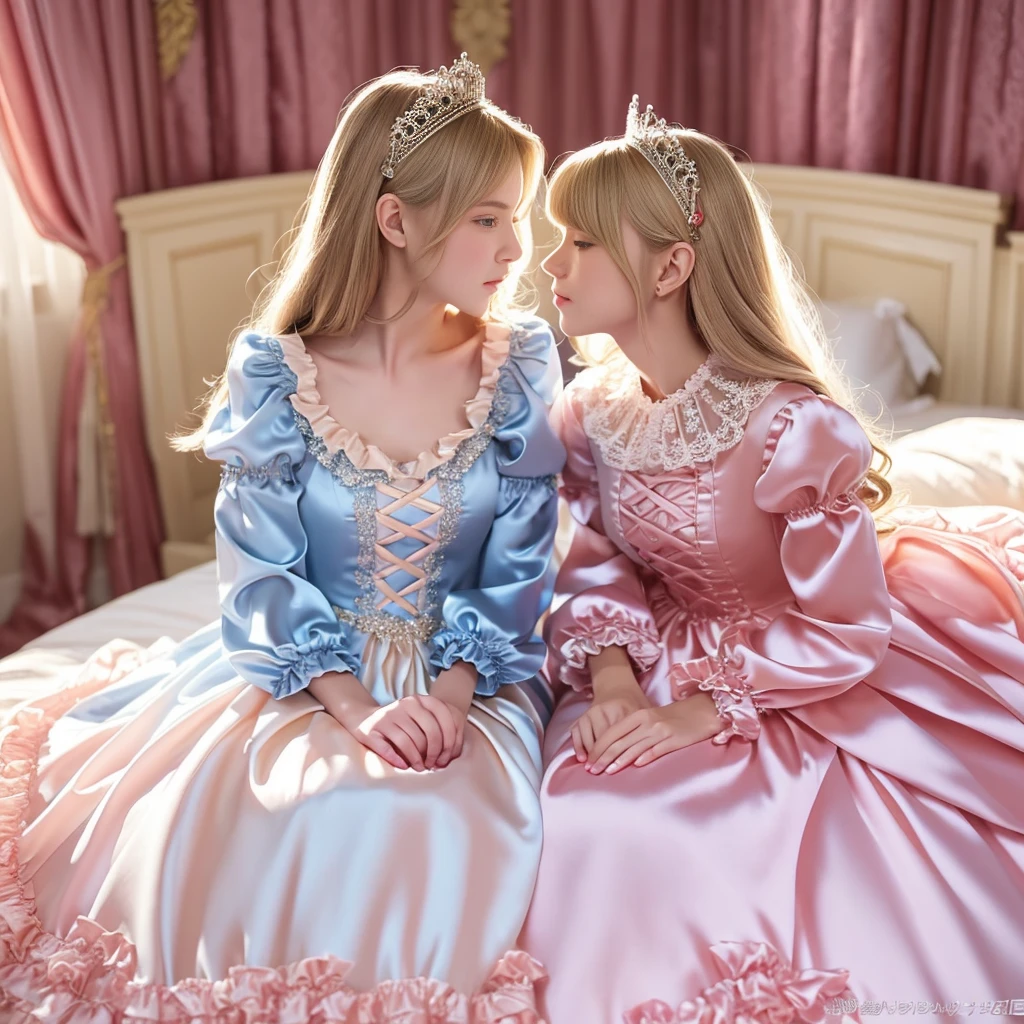 ,highest quality, masterpiece, highest resolution, artwork, super それにget used to it, many get used to it, get used to it, それにget used to it, 3K realistic photos,,((10 years old女の子)),Super detailed baby face,the two girls are princesses,Full length ball gown dress with hoop skirt,ruffled yoke collar,puff sleeves,long sleeve,((Lolita style hot pink detailed princess satin dress、Comes with lots of frills and ribbons。)),colorful rococo fashion,shiny satin dress,Soft and smooth fabric,luxury,long blonde hair,blue eyes,white skin european,pajamas,((inside the palace)),,,(( 10 years old)),Super detailed baby face,Full length ball gown dress with hoop skirt,long skirt,ruffled yoke collar,puff sleeves,腰まで伸びるlong blonde hair,blue eyes,white skin european,pajamas,((inside the palace bedroom)),シルクサテンのluxuryなcanopy bedの上,canopy bed,Luxurious curtains on both sides of the bed,many frilly pillows on the bed,super detailed background,Detailed bed,romantic atmosphere,two little princesses on the bed,Two people hugging each other,((((Both legs are hidden in the dress)))),the dress is spread out on the bed,soft silk satin comforter,soft silk satin ruffled pillow,Beautiful girl illustration,detailed beautiful face detailed hair,detailed human eye ,detailed mouth, arm details,fine hands,Detailed pillow,