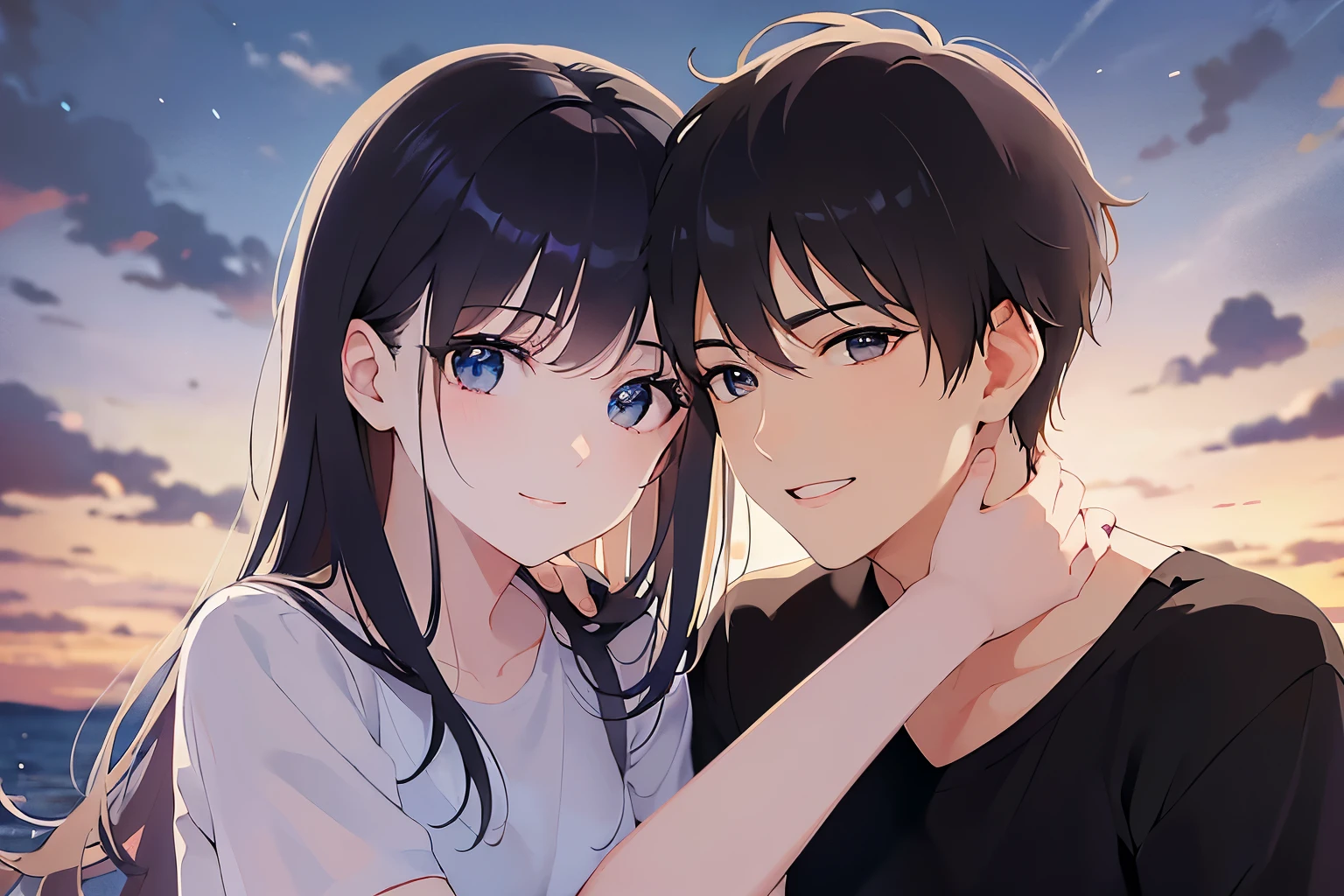 Smiling couple hugging each other、Night Sky、grass、Park Realistic, real person, (pale skin: 1.2), RAW photo, photorealistic, shiny skin, shiny hair、
BREAK(A 25-year-old woman with medium-length hair and bangs) and (wavy hair) and (brown hair) and (Orange Eyes)、(white) and (T-shirt) and (v neck) BREAK,smile,
shiny skin, masterpiece、Highest quality、BREAK(25-year-old male:1.5) and (Black short hair) and (blue eyes)and(black) and (T-Shirts)BREAK,smile,Gazing at each other