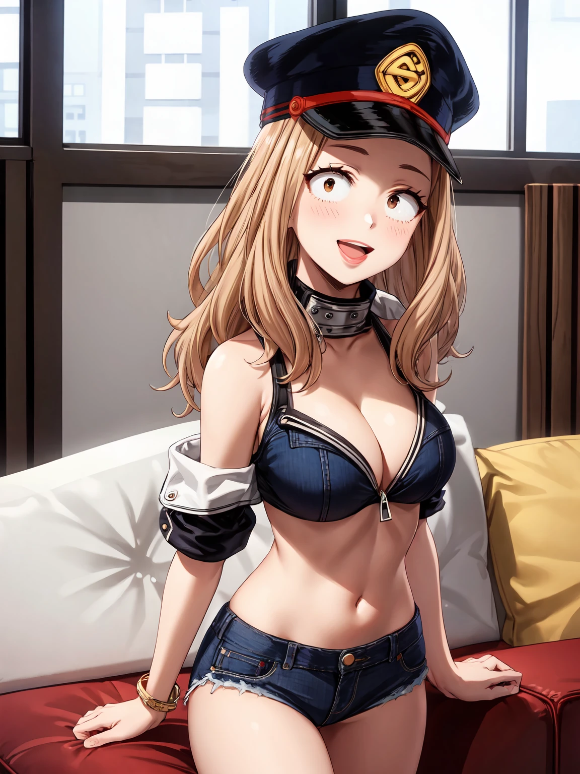 Masterpiece ,best quality , high resolution , (face view , look at view , head back , from back , from behind) , (1 girl solo:1.38) , (camie, long hair, brown hair, brown eyes, peaked cap , lipstick , eyeliner)) , (slim , tall , slender , thin) , (cleavage:1.05) , (big breast:1.06) , (wear bikini , jacket , belly , denim_micro_short , fishnet stockinhs) , (indoor , windows , sofa) , (open mouth , smile , full face blush , shy ) , (standing , thighs ) , (cowboy_shot)