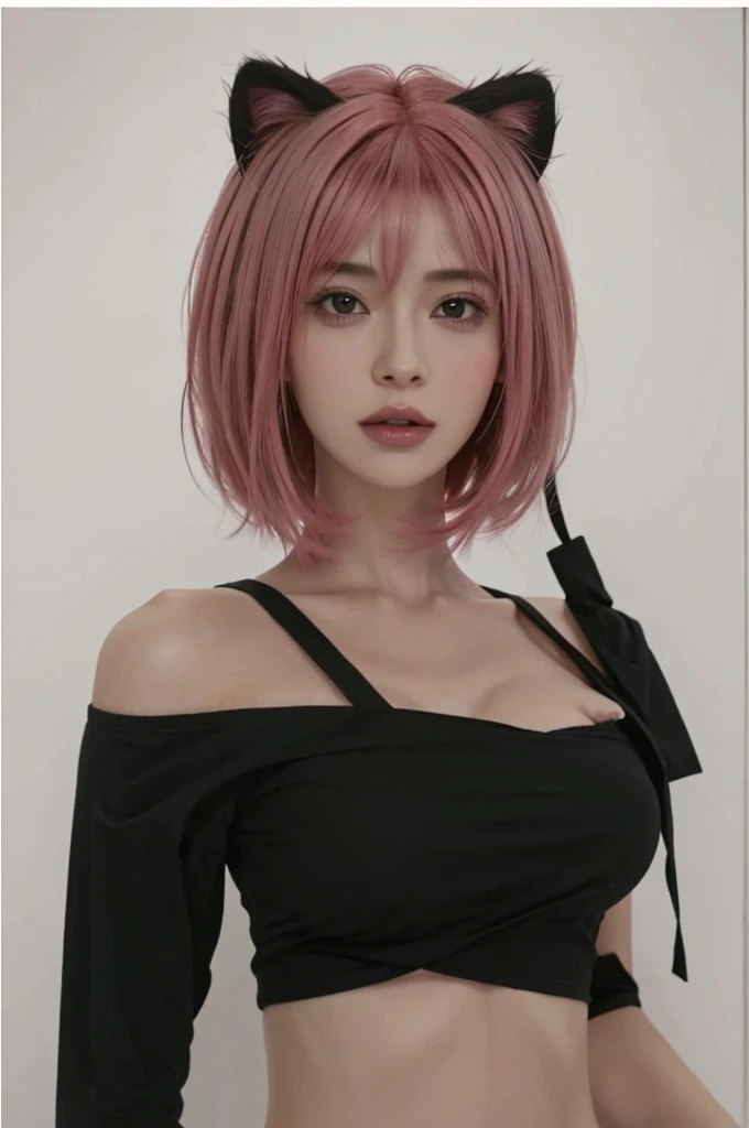 araffe with pink hair and a black top is standing in front of a black wall, cute girl with short pink hair, short pink hair, pink short hair, flowing pink hair, with pink hair, pink wispy hair, pastel pink, with short hair, pink pastel, anime girl in real life, pink girl, inspired by Yanjun Cheng, high definition detail, 8k image, realistic, big breast