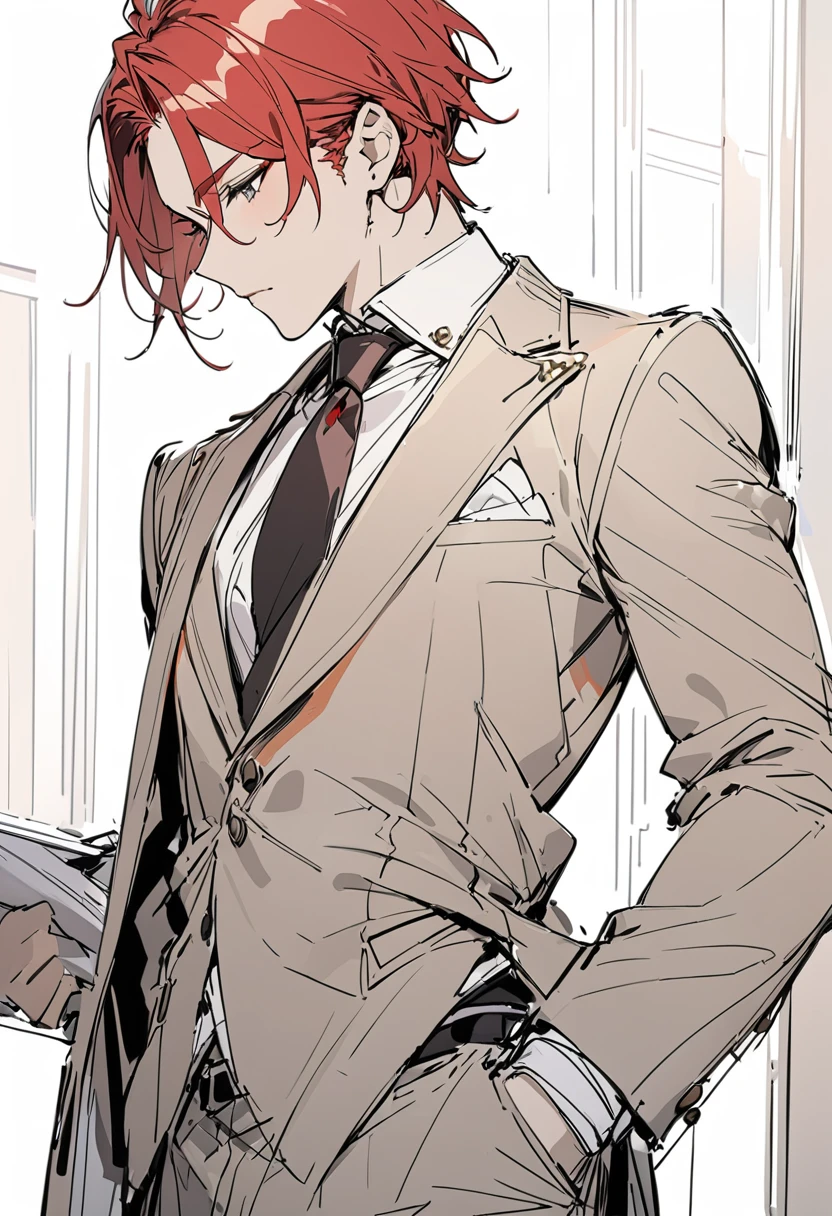 Line art, masterpiece, Highest quality, Super Detail、suit,male,sketch,Red Hair,From the waist up