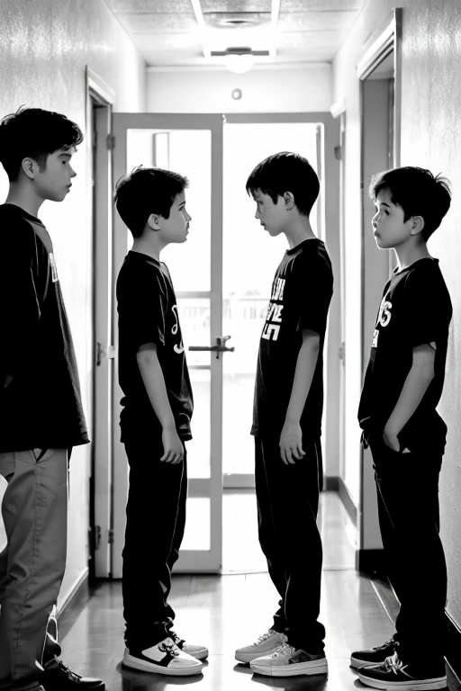 Three little agers boys are standing on left on three on right in a corridor with their back facing the wall and face in looking down in front of that middle boy who is looking like a leader or captain ordering them in some way like( gangs do etc). Focus is on middle boy while others expression is sad.Generate a black and white color picture that is used in thematic apperception test that is cartoonic anime like.