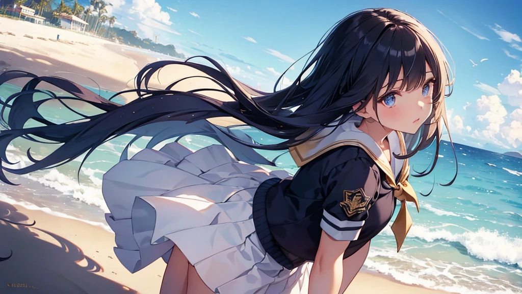 a girl in a sailor uniform skirt blowing in the wind, beach, summer sky, daytime, back view of a young girl, intricate details, beautiful detailed eyes, beautiful detailed lips, extremely detailed face and hair, longeyelashes, detailed clothing folds and textures, sun rays, warm lighting, vibrant colors, golden hour, photorealistic, 8k, hyperdetailed, masterpiece, cinematic