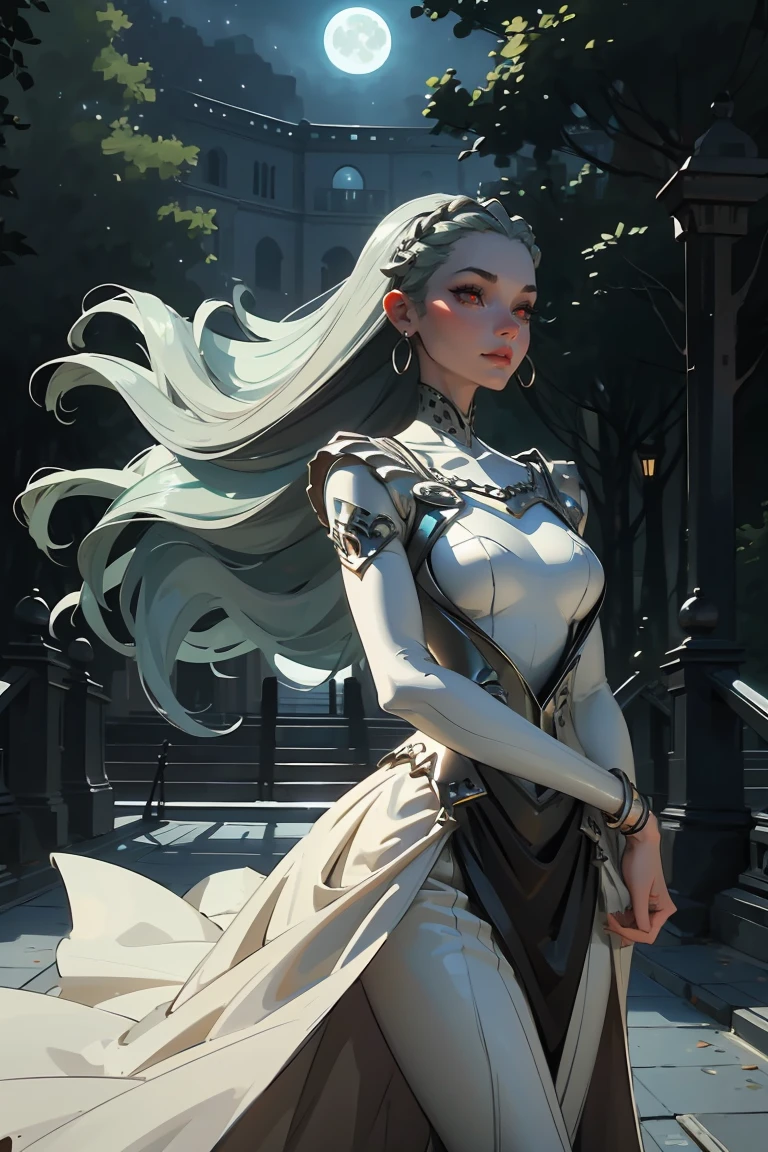 1 statue girl,20s,long hair,solo,white hair,long hair,closed eyes,((hair over one eye)),((naked bandage,white skirt)),elf ear,(((statue,ancient ruin,blue sky,grass,sunlight,Gray clay style,((gray skin,colored skin))