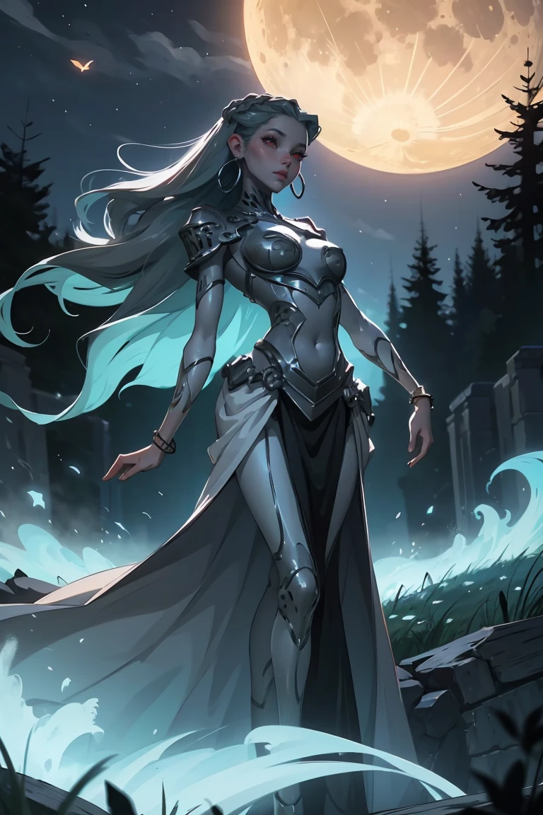 Goddess ((goddess-like woman)), slim elegant silhouette, masterpiece, grey-skinned, (close angle), best quality, sweet face, (masterpiece:1,2, best quality), (real picture, intricate details), (1 lady , solo, medium tits, slim waistline, ), (gray skin, mint hair, red glowing eyes), a woman with long hair, red eyes, colored skin, floating hair, she has an impressive presence., long hair, bracelet, hoop earrings, jewelry, beautiful face, beautiful eyes, she looks at the viewer, she wears a black dress, sweet irresistible smile, elegant pose, elegant hands, beautiful hands, perfect fingers,, background: Park at night, Park, a beautiful park, trees, walkway, flowers, bushes, at night, beautiful full moon night, full moon