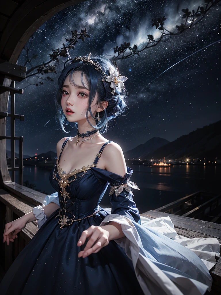 Ultra HD、A beautiful blue-haired character、Composition from the chest up、Big eyes like a 、Red burning cheeks、Night scene with starry sky background、Wearing a gorgeous dress、Subtle details、A fantastic atmosphere、Anime style