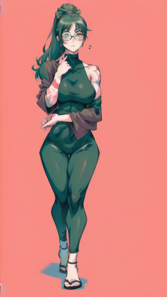 Full body image of Maki Zenin from Jujutsu Kaisen after the Zenin clan incident, full body in image, wearing her post-clan outfit (dark green jacket with sleeves torn off, harem pants, and black shoes, with glasses), long hair tied in a ponytail, female body, athletic and muscular body, visible scars on her face and arms, dynamic pose, detailed pose, simple background, expressive face showing determination, focus on face, line art, sketch