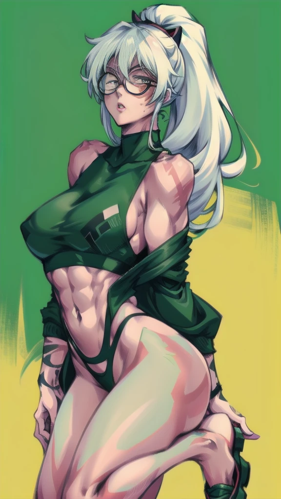 Full body image of Maki Zenin from Jujutsu Kaisen after the Zenin clan incident, full body in image, wearing her post-clan outfit (dark green jacket with sleeves torn off, harem pants, and black shoes, with glasses), long hair tied in a ponytail, female body, athletic and muscular body, visible scars on her face and arms, dynamic pose, detailed pose, simple background, expressive face showing determination, focus on face, line art, sketch
