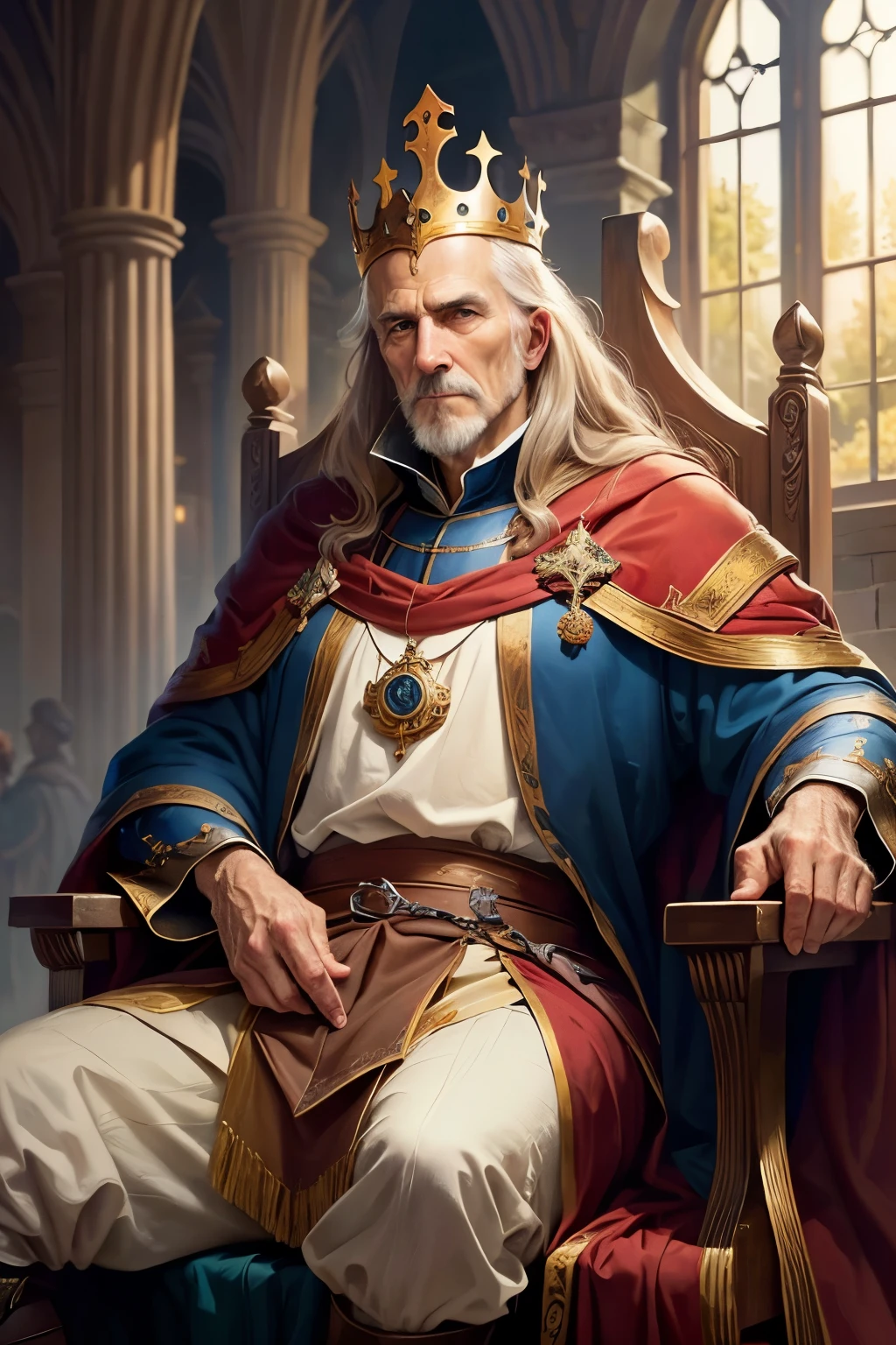 ((best qualityer)), ((work of art)), (detailded), 1 old medieval king sitting on his throne