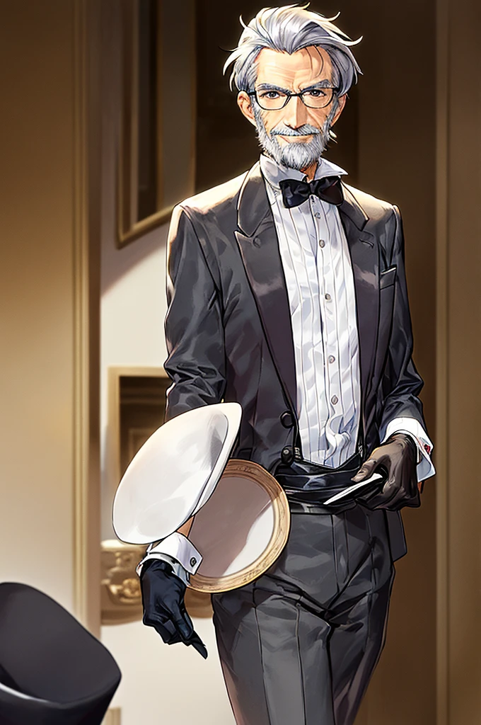 masterpiece, best quality, elderly man, skinny, very skinny, very short gray hair, unshaven beard, circular glasses, black hat, black gloves, white shirt with black suspenders, beige jacket, friendly smile, poker card on his hand, letter close to his face, looking ahead. poker's card, malicious look.