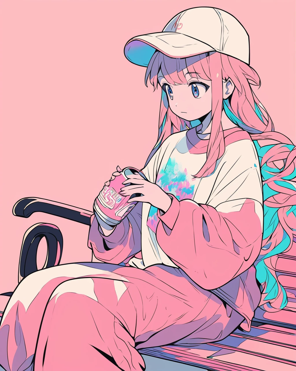 Create a detailed anime illustration of a girl with long, flowing hair and a casual streetwear outfit, including a baseball cap, baggy pants, and a graphic t-shirt. She is seated on a bench, holding a drink can, with a serene expression. Use a two-tone pastel background to highlight the modern and minimalist setting