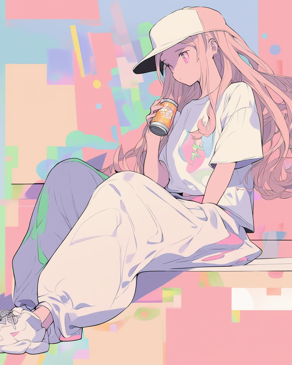 Create a detailed anime illustration of a girl with long, flowing hair and a casual streetwear outfit, including a baseball cap, baggy pants, and a graphic t-shirt. She is seated on a bench, holding a drink can, with a serene expression. Use a two-tone pastel background to highlight the modern and minimalist setting