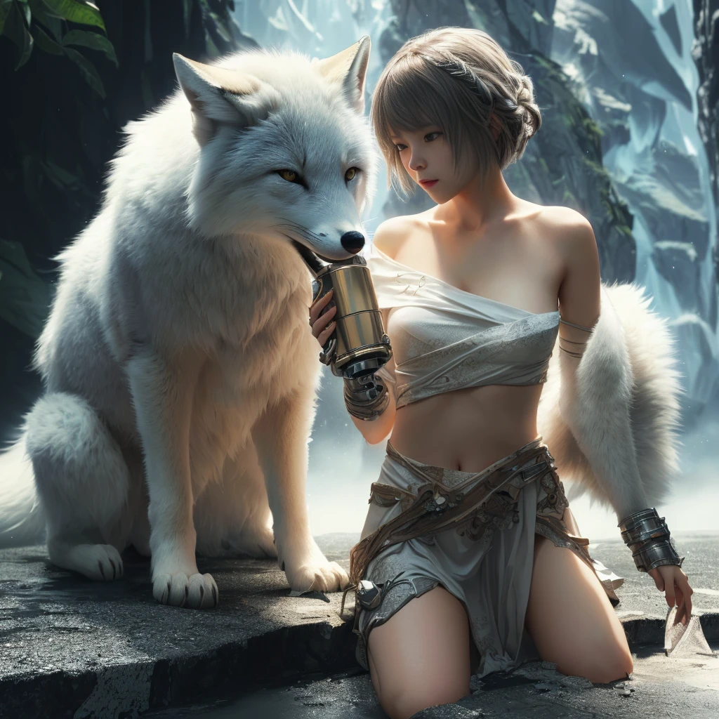 (extremely detailed CG unity 8k wallpaper), (masterpiece), (best quality), (ultra-detailed), (best illustration), (best shadow), (absurdres), 1 girl,1 white fox