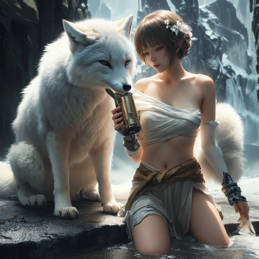 (extremely detailed CG unity 8k wallpaper), (masterpiece), (best quality), (ultra-detailed), (best illustration), (best shadow), (absurdres), 1 girl,1 white fox