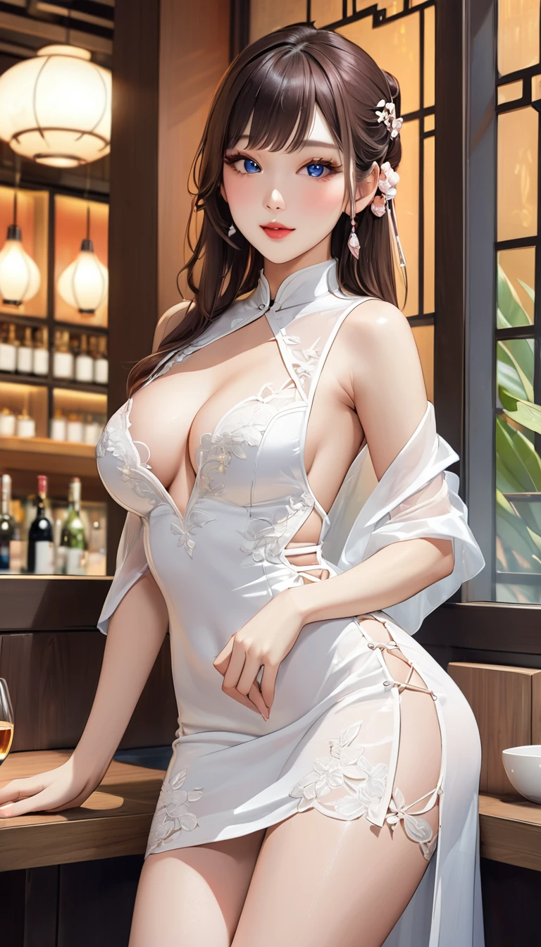 (masterpiece,Highest quality,Ultra-high resolution),One female,A Japanese woman works at a Chinese restaurant,(((Beautiful Face,Detailed face,Beautiful Eyes,Beautiful Nose,Pretty lips))),(((Beautiful Skin))),(Shiny skin),Wearing a see-through white Chinese dress,High heels,Beautiful legs,Functional,(((hands))),(front:1.5),((Cowboy Shot:1.5))